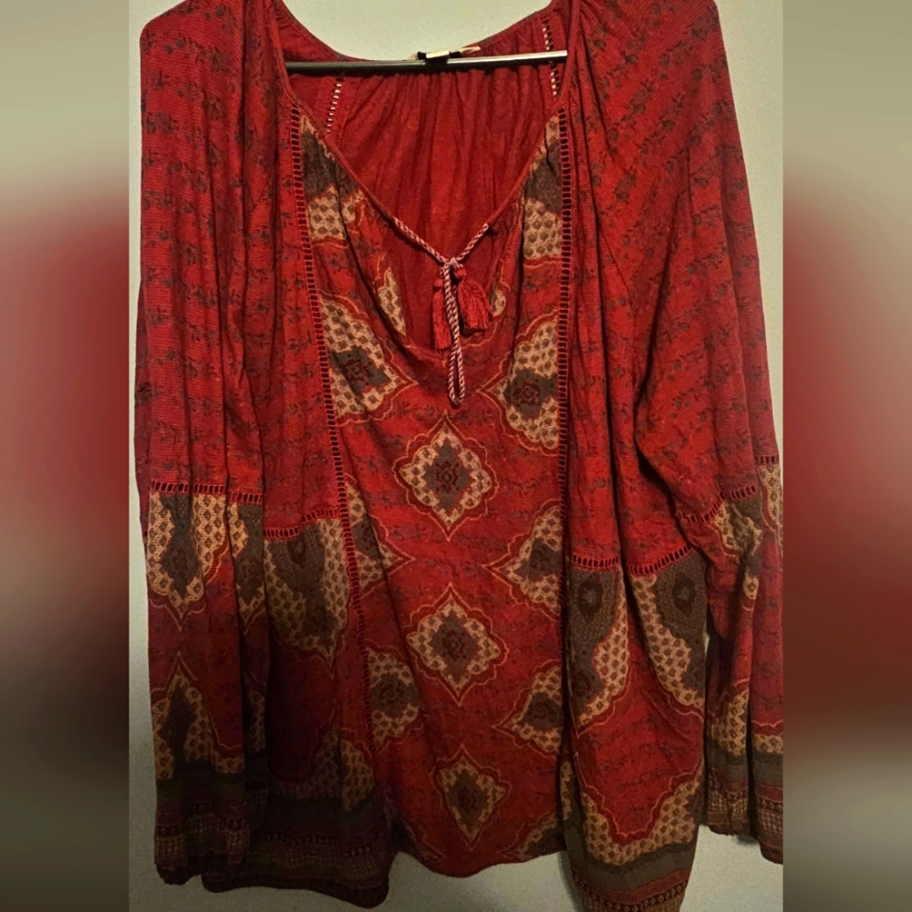 Lucky Brand Maroon Long Sleeve Tassel Top Boho 2XL